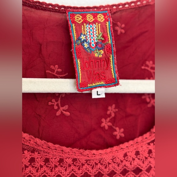 Johnny Was red wine burgundy Oxblood lace embroidered tunic top blouse. - Picture 2 of 6